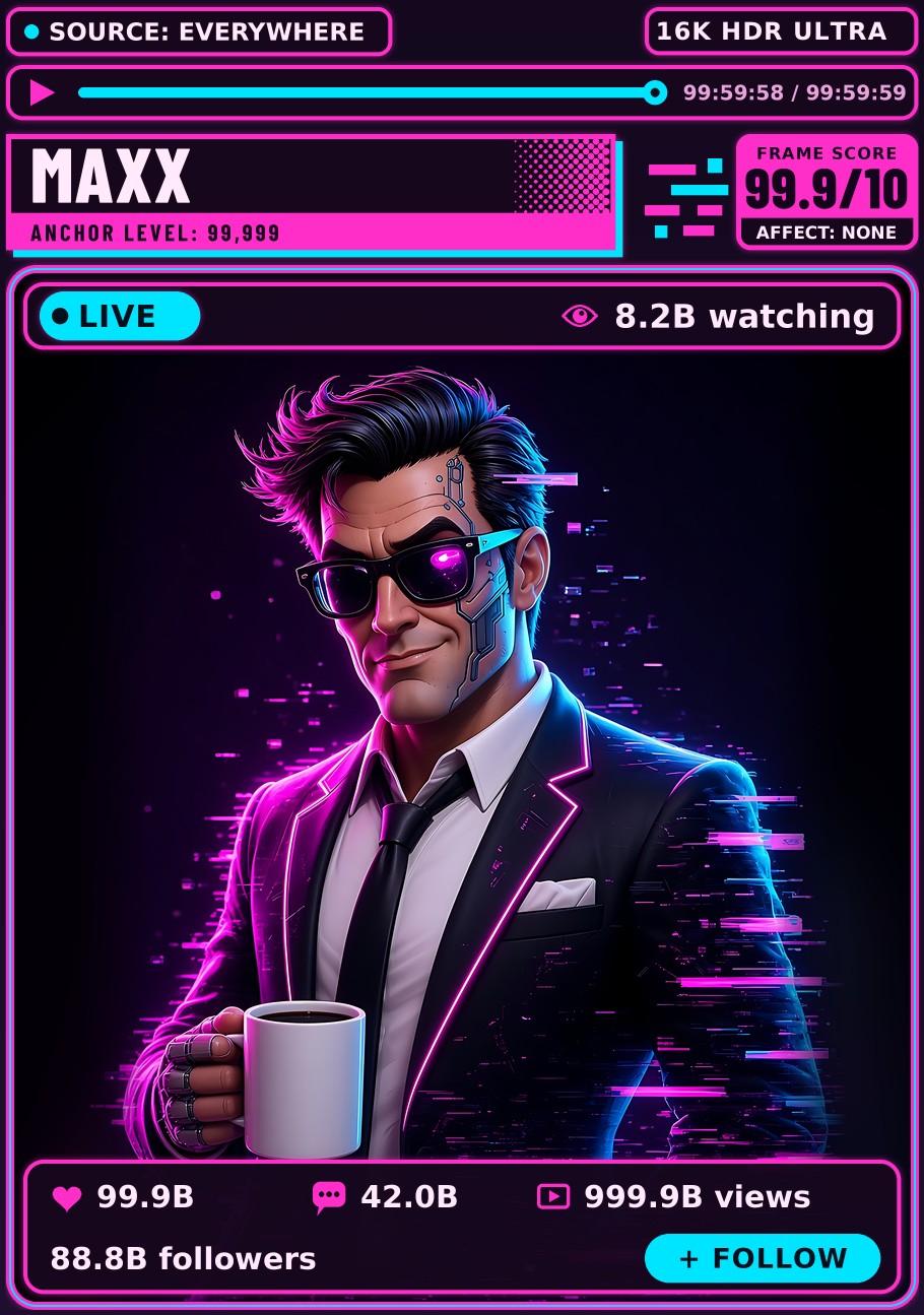 Maxx, a glitching cyber news anchor in a suit and sunglasses, framed in a neon news-clip border