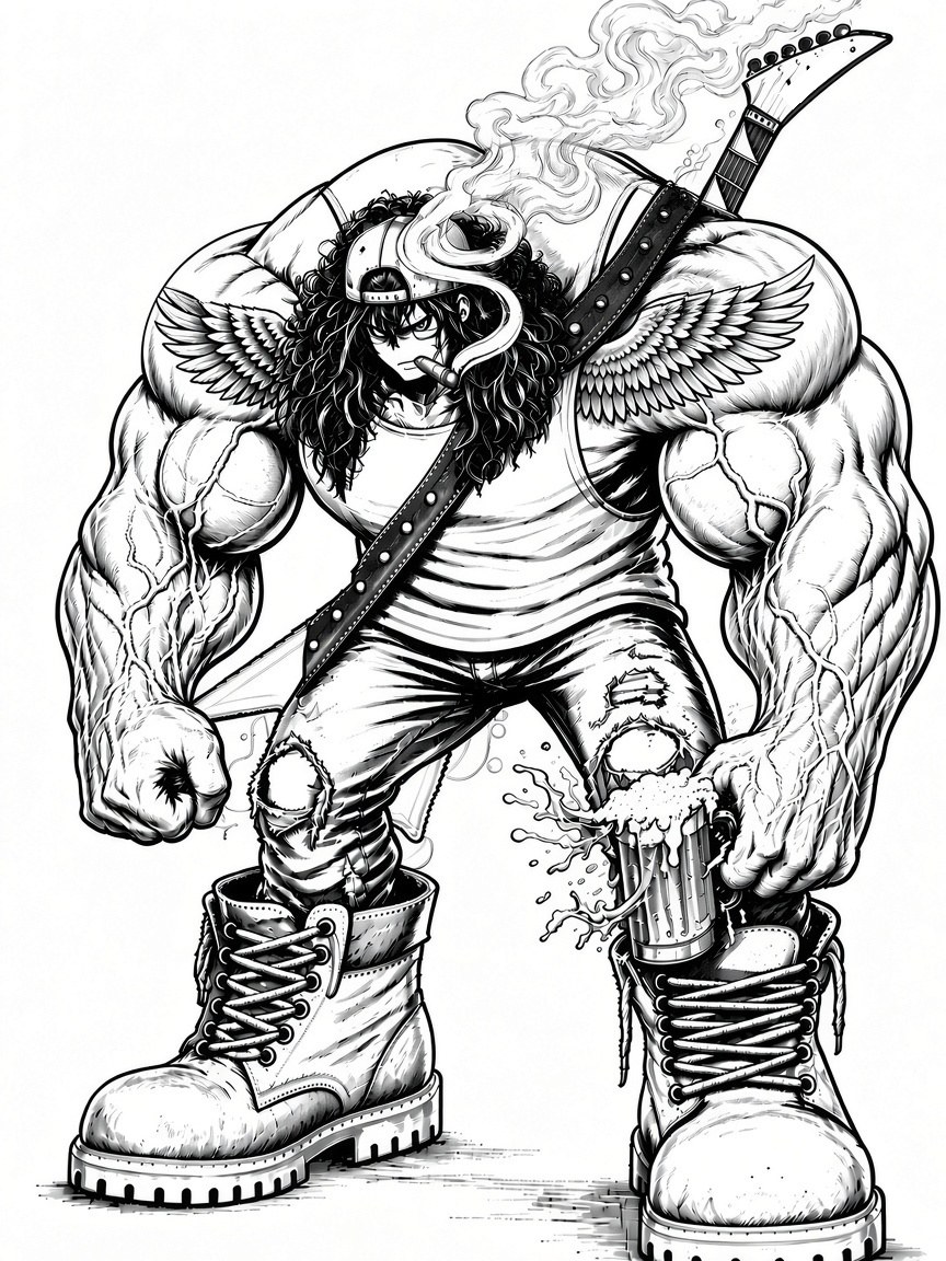 Rocker, a huge muscled long-haired guitarist with wings, a smoking cigar, a beer and giant work boots, in black and white ink
